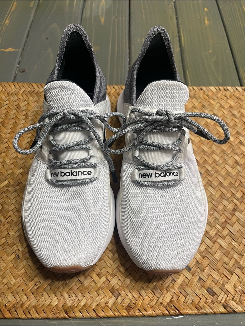 New Balance White and Gray Knit Lace-Up Sneakers